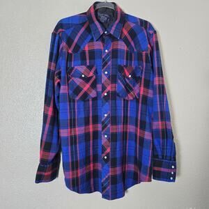Williams Bay Western Button Up Shirt Men's XL Blue Plaid Pearl Button Collared